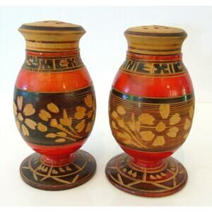 Wooden Salt Pepper Shaker Set Carved Lathe Floral Designs Hand Made Mexico Vtg